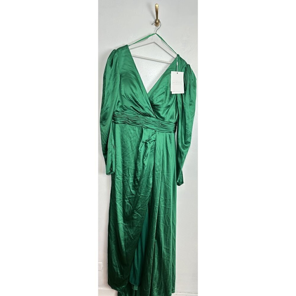 MAC DUGGAL Puff Sleeve Satin Faux Wrap Gown in Emerald Green Size US 14 NWT - Picture 3 of 12